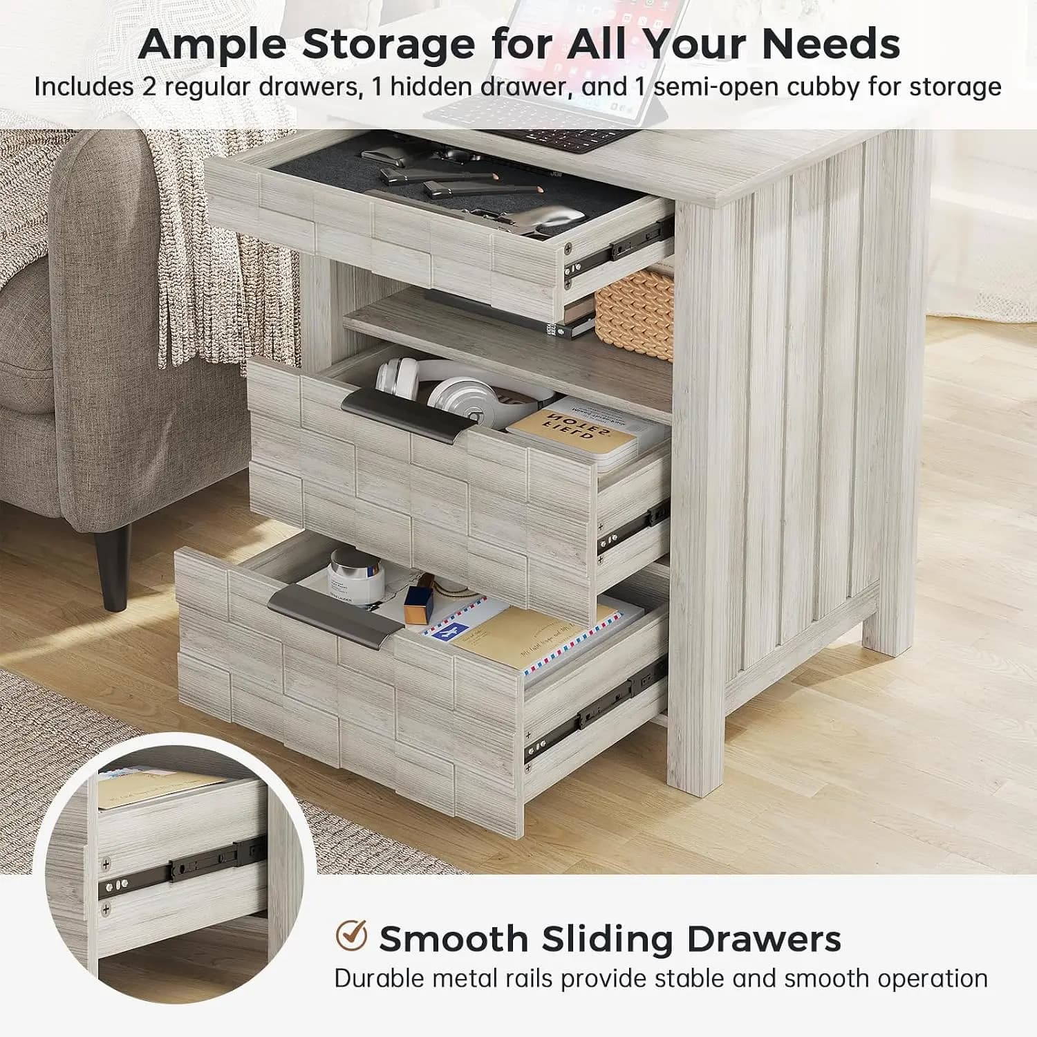 Gun Nightstand with Charging Station: Grey Lockable Hidden Drawer