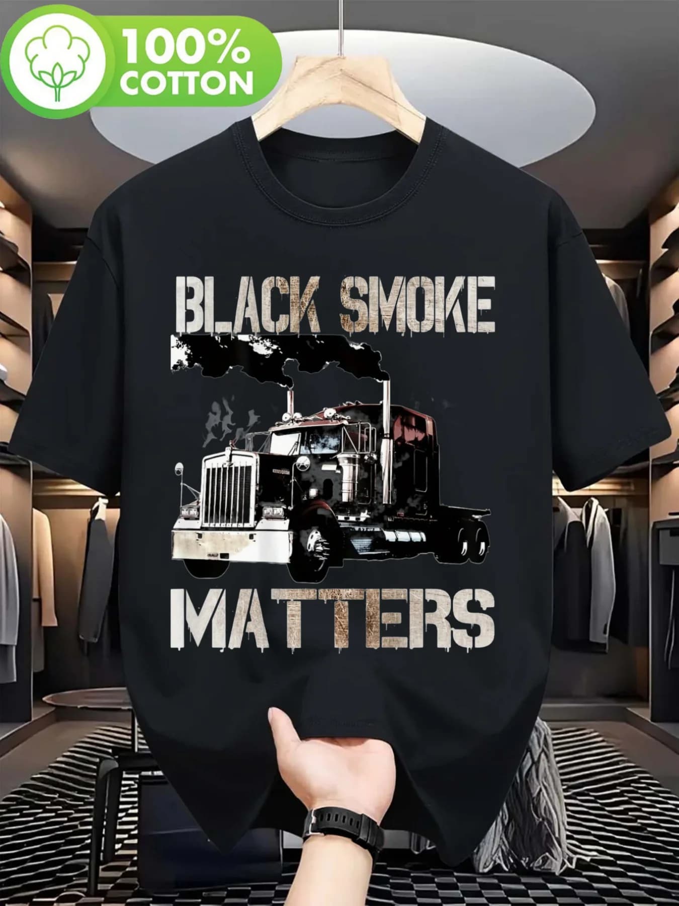 Black Smoke Matters 18 Wheel Truck Graphic Truck Driver T-Shirt 100% Cotton O-Neck Short Sleeve Summer Casual Mens T-shirt