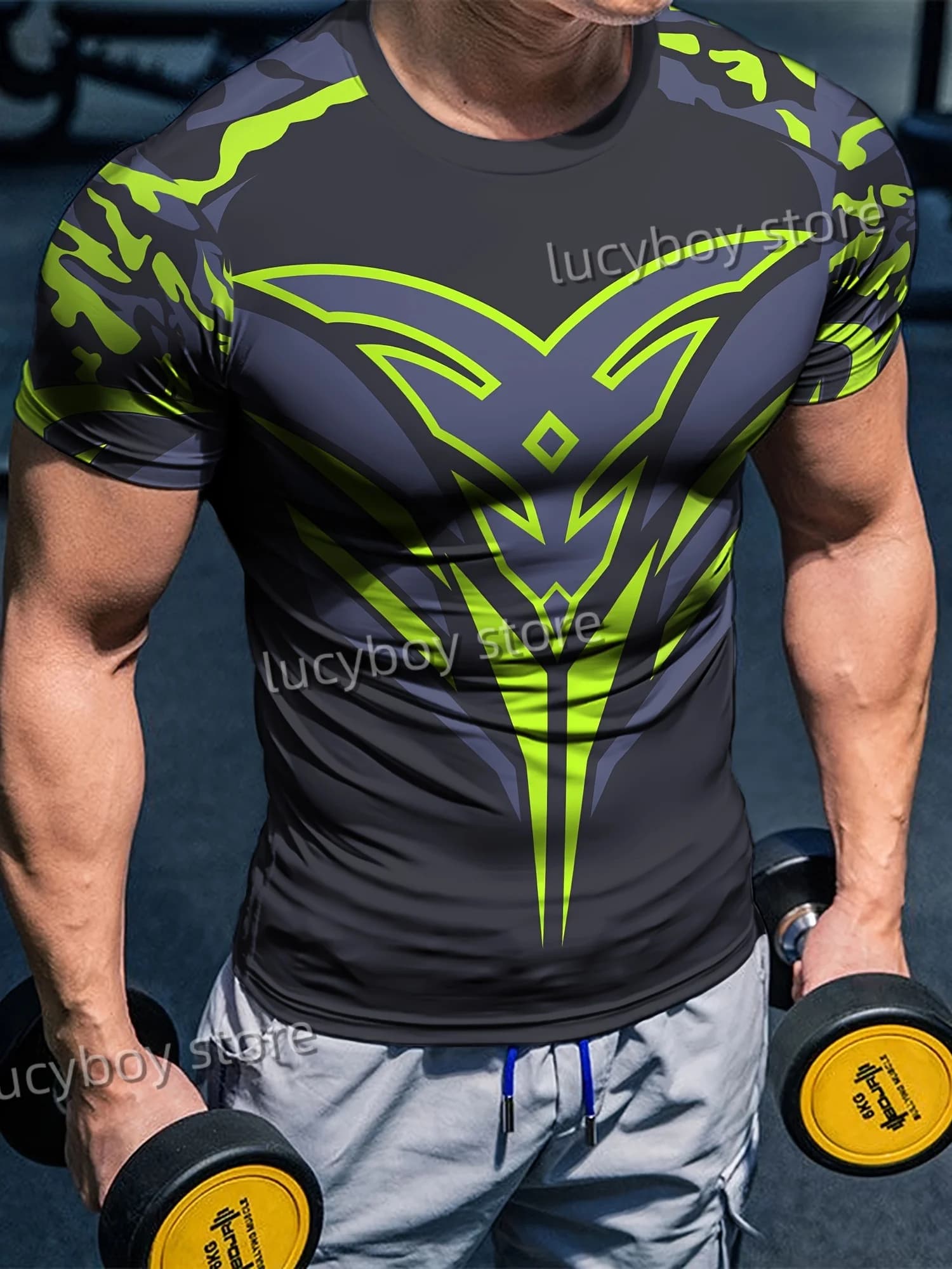Summer Mens Strength TraininT Shirt 3D Green Printing Sports Gym Short Sleeve Tees Quick Drying Running Men Oversized Clothing