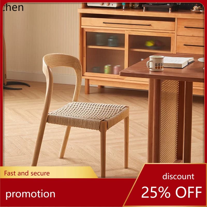 HT Solid Wood Rope Woven Dining Chair Backrest Chair Household Vintage Rattan Tea Room Leisure Chair