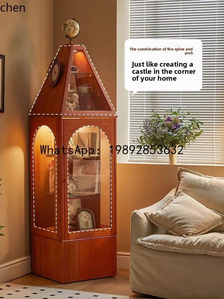 living room display rotating bookshelf cabinet storage corner solid wood figure display cabinet