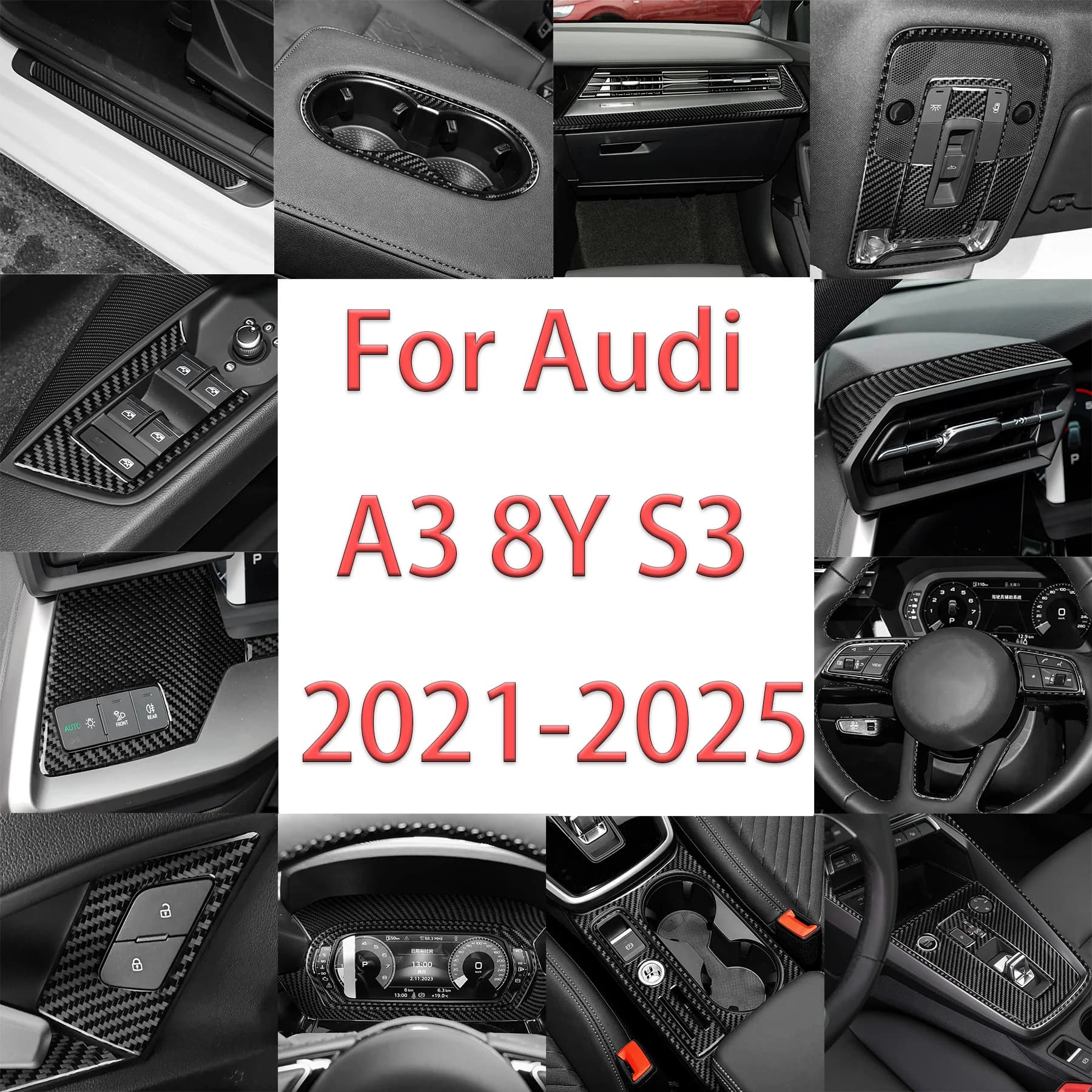 Car Door Buttons Speedometer Steering Light Panel For Audi  A3 8Y S3  2021-2025 Carbon Fiber Interior Accessories Stickers