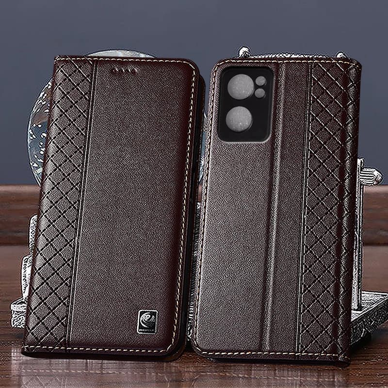 For OPPO Reno 2 3 4 5 6 7 7Z SE Pro Plus 4G 5G Napa Inner Mesh Pattern Of Genuine Leather Flip Phone Case Cowhide