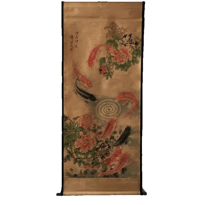 China old Celebrity paintings- Qi Baishi's Watercolor Peony Nine Fish Painting Scroll Hanging paintings