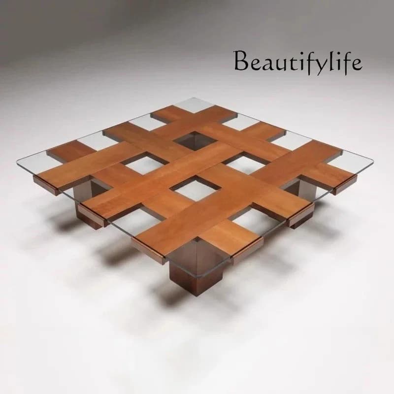 BJ Medieval Style Solid Wood Square Glass Coffee Table French Retro Designer High Sense Home Coffee Table Art