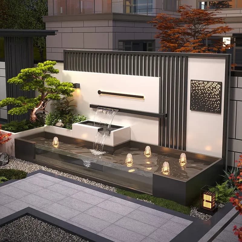 BJ-2 courtyard stainless steel flowing water landscape custom water curtain wall screen partition  pond landscaping combination
