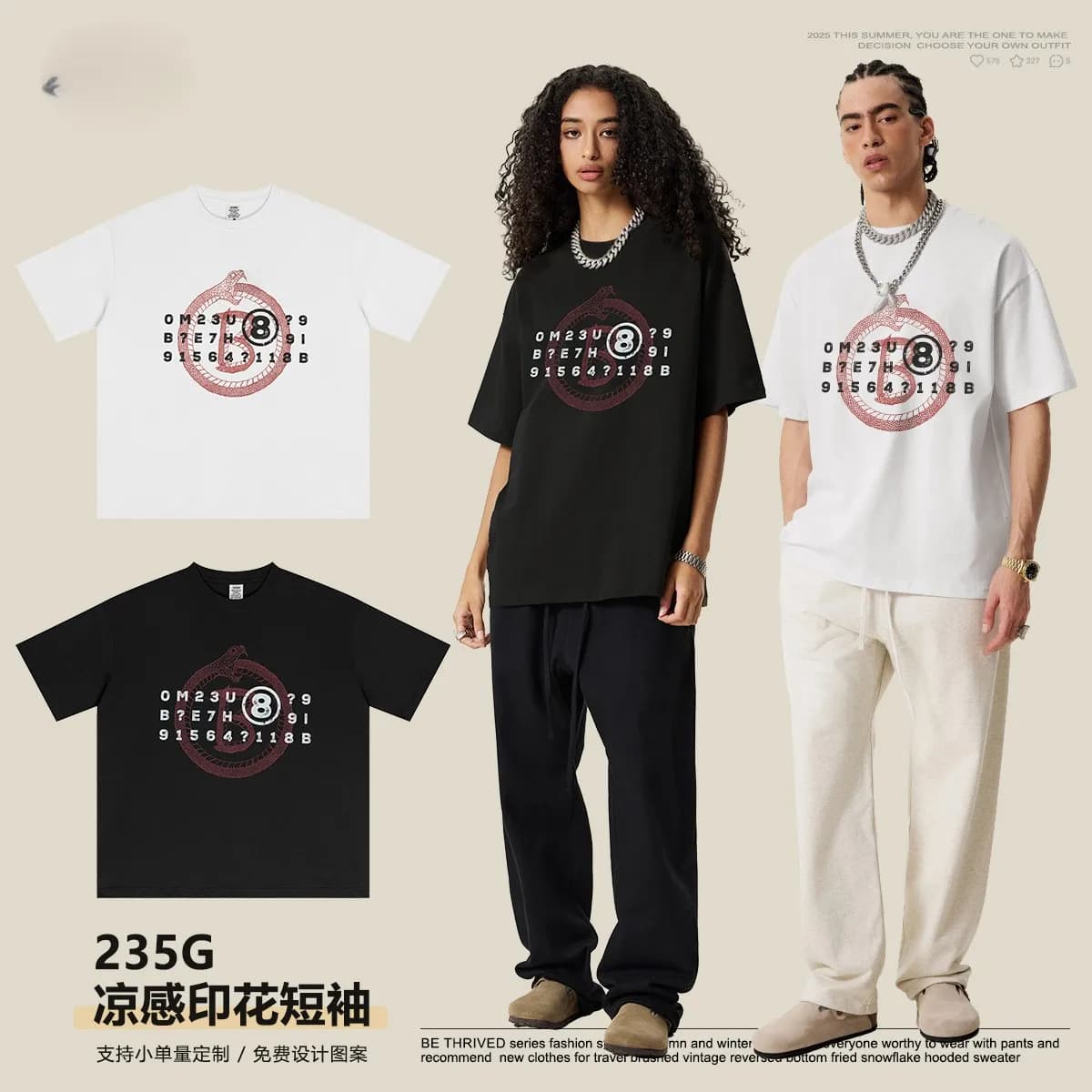 clothing Multi-size fun printed round-neck short-sleeved black and white colors all-cotton loose-fitting casual style