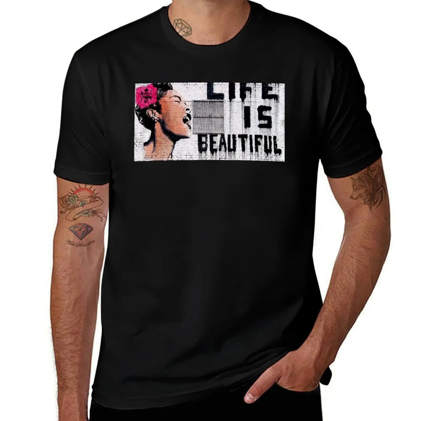 Life Is Beautiful - Banksy T-Shirt t shirt man plain T-Shirt