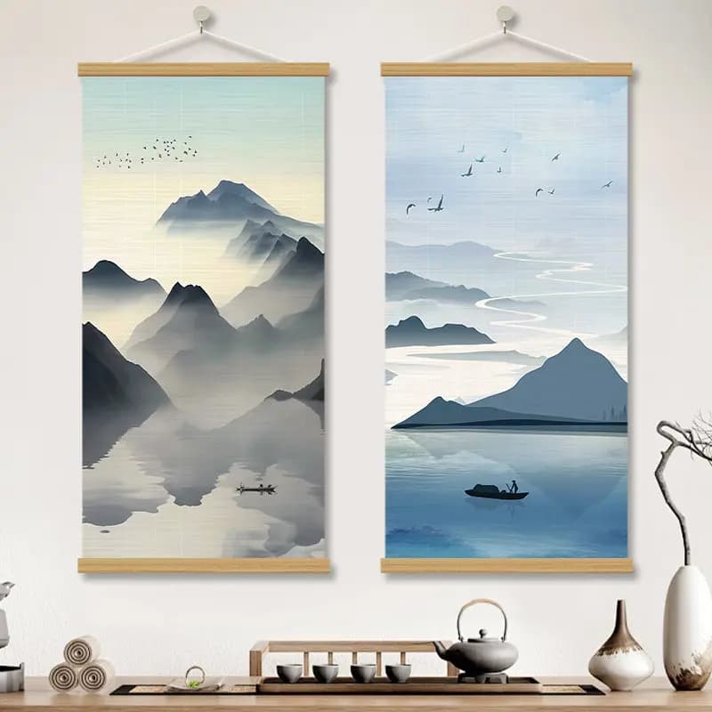 Wall Art Misty Mountains and Blue Water Chinoiserie Pearlescent Canvas Hanging Scroll with Wooden Rods for Living Room