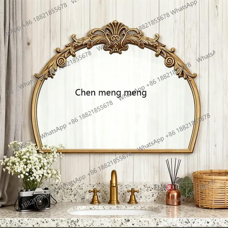 European retro arched bathroom mirror literary style living room wall hanging carved decorative mirror French bathroom