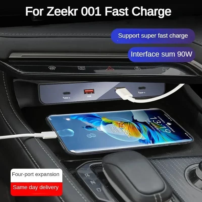 Car Fast Charger For Zeekr 001 2021-2025 90W USB Shunt Hub Splitter With Cigarette Light To Adapter Type C USB Charging