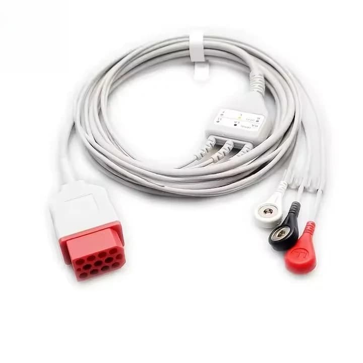 Integrated 3-lead ECG cable with snap-on AHA 12-pin Bisonets BM5, compatible with patient monitoring medical supplies