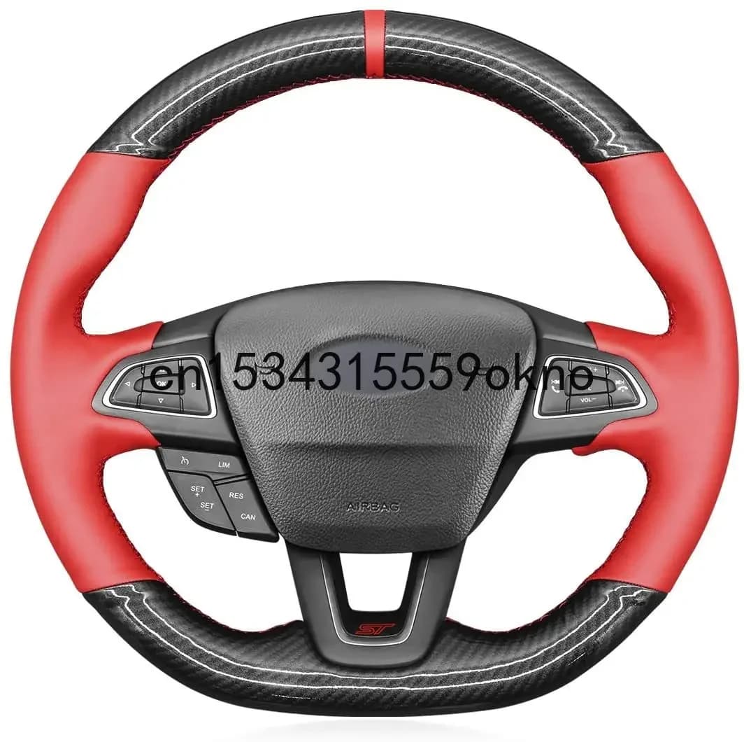 Sew DIY Red Leather Carbon Fiber Car Steering Wheel Cover For Ford Focus ST RS 2015-2018 Car Accessories
