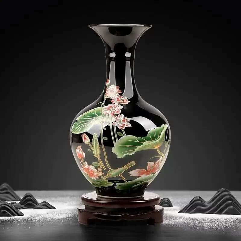 Chinese Black Glazed Lotus Pattern Vase, Home Decoration Vase, Jingdezhen 27.5cm