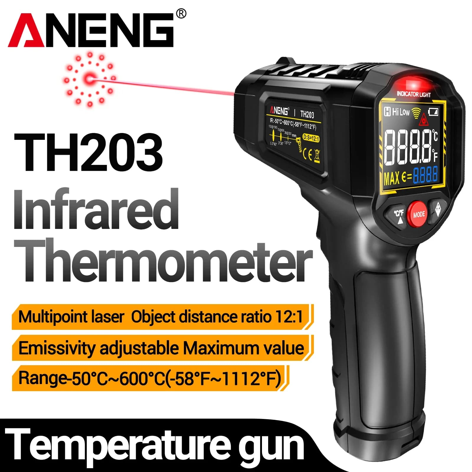 ANENG TH203 Infrared Thermometer -50~600℃/1112℉ 12:1 D:S Ratio with Adjustable Emissivity High Low Temp Alarm Laser Positioning
