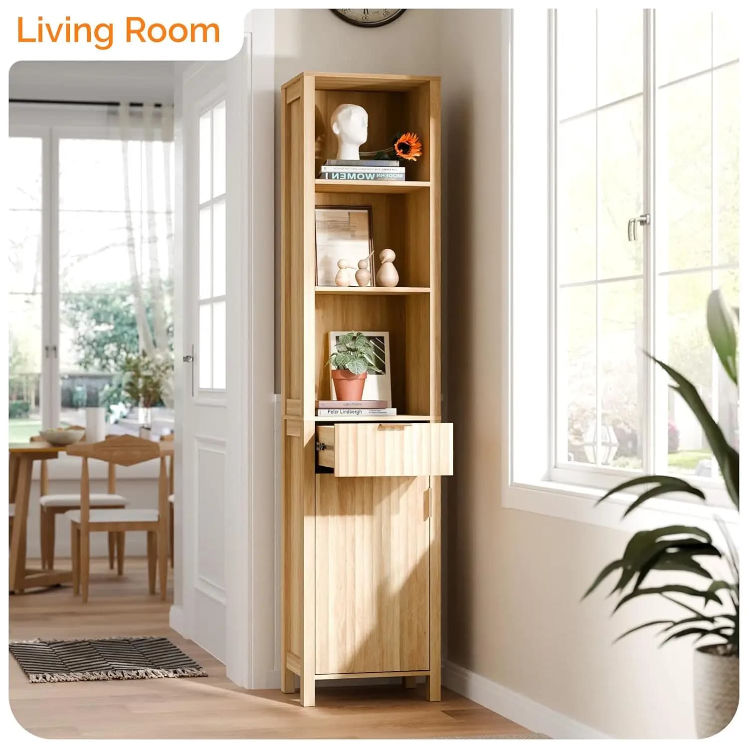 Narrow Fluted Bathroom Floor Skinny Storage Cabinet with 1 Fluted Door&Drawer,68" Tall Narrow12 Inch Deep Slim Bathroom Storage