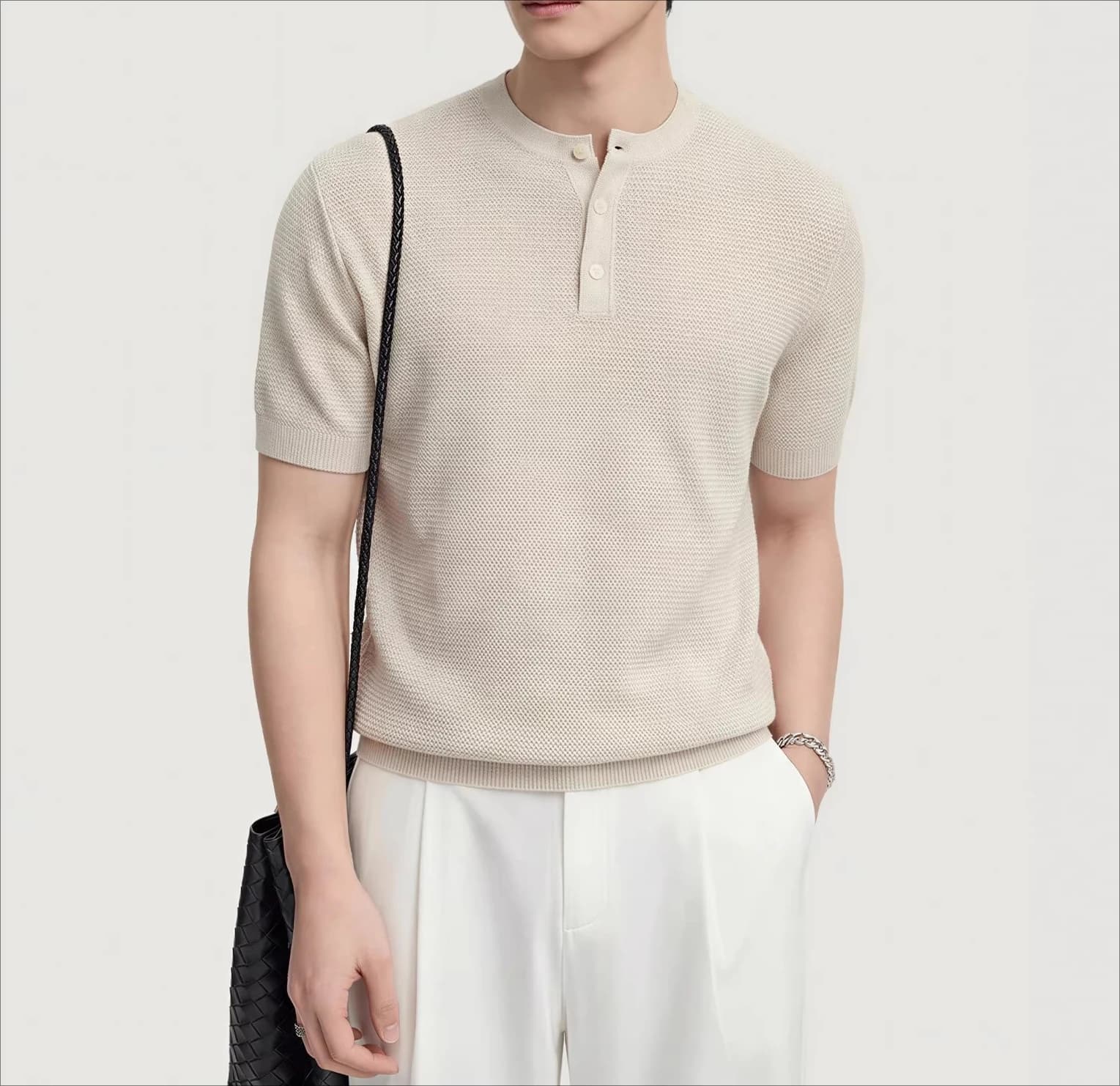 Old Money Breathable Henry Neck Knitted Short Sleeve Men's Casual Business T-Shirt Summer