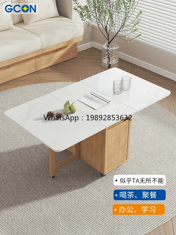 LYY Small Apartment Storage Rock Board Folding Coffee Table Living Room Multi-functional Household Movable Solid Wood Side