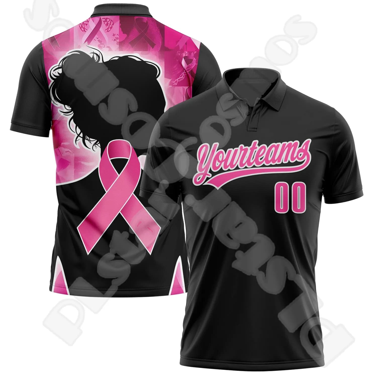 Custom Name Pink Breast Cancer Fighter Vintage Tattoo Multicolor 3DPrint Harajuku Summer Funny Short Sleeve Polo Jersey Shirts 2