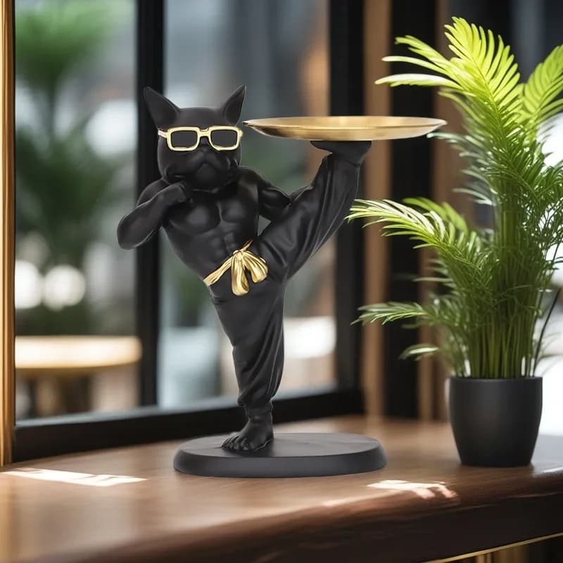 Resin Black Bulldog Statue Tray kong Fu Modern Entrance Holder for Candy Home Decor Art Dining Table Office Desk Decor
