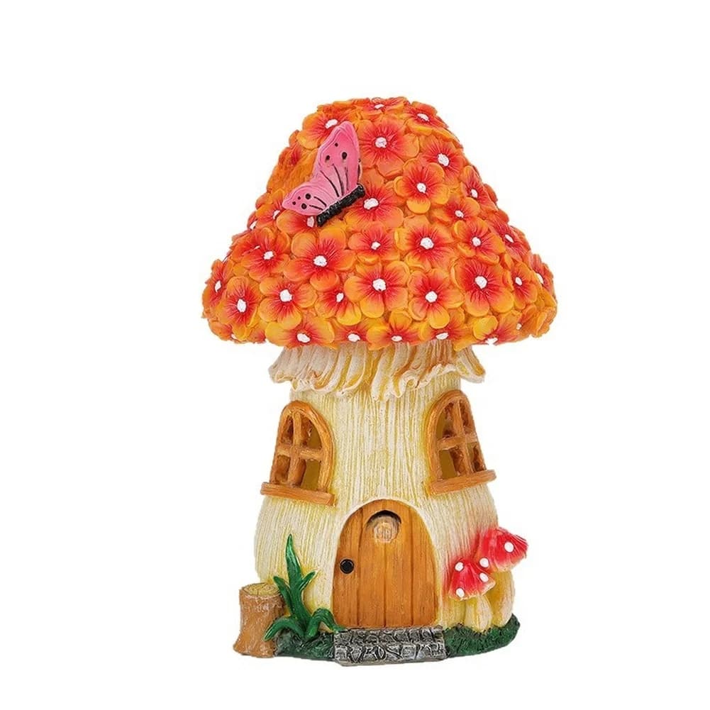Solar Powered Mushroom House Garden Light for Outdoor Decor Resin Statue with Automatic Dusk to Dawn Operation