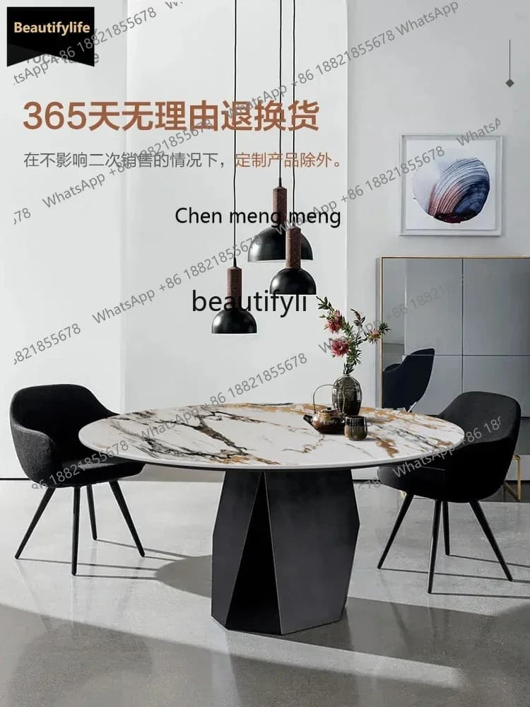 178C  Italian light luxury rock slab dining table with turntable round dining table and chair combination round dining table