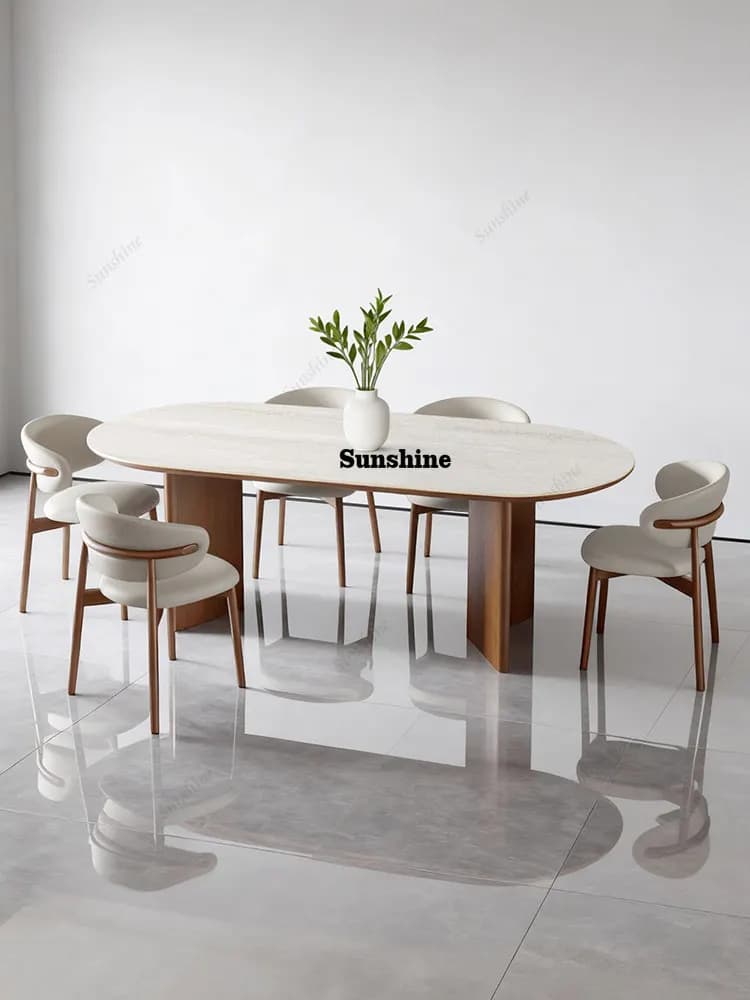 Solid wood rock slab dining table Italian minimalist rectangular oval small apartment dining table