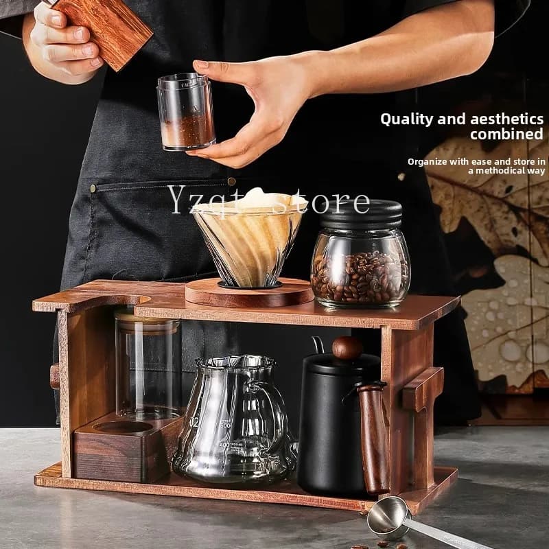 Hand brew coffee pot set Premium wooden stand Home coffee utensils Full set Hand grinder Hand grinder