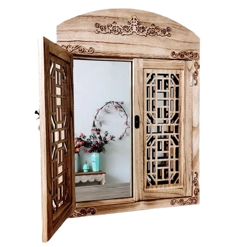 Vintage Decorative Wall Mirror with Shutters, Rustic Wooden Frame, Ornate Carved Details, Double Door Design