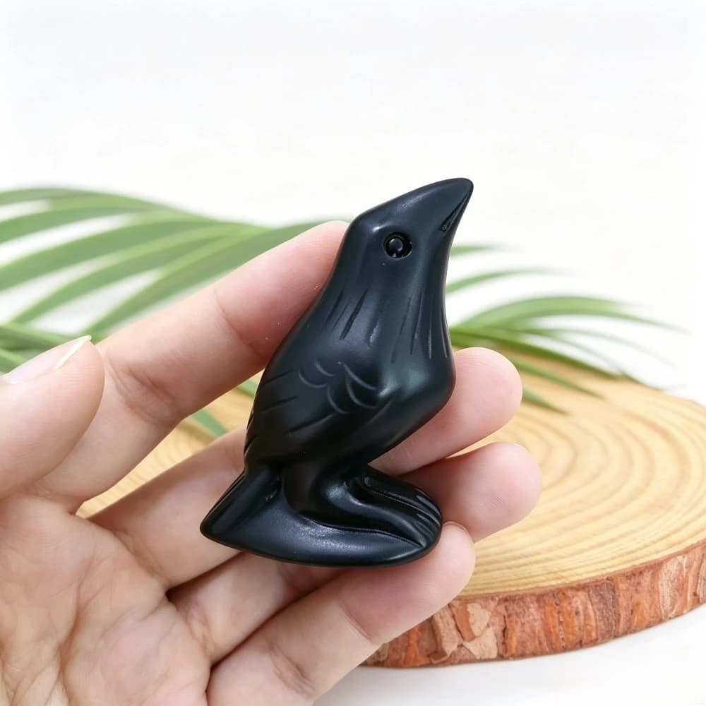 Natural Black Obsidian Crow Figurine Hand Carved Crystal Ornament Halloween Festival Decorations and Home Office Decor