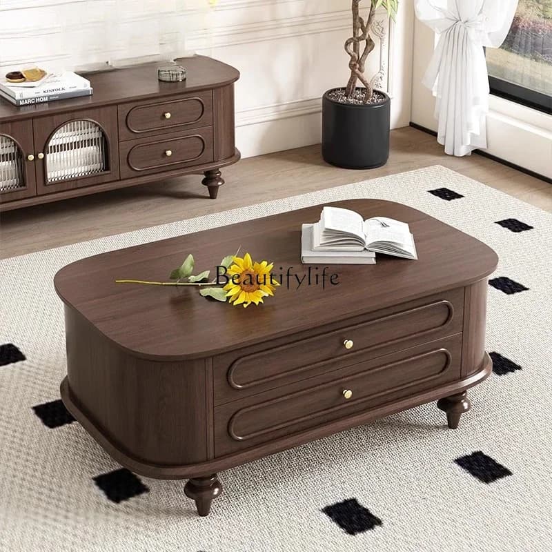 35-French solid wood coffee table medieval light luxury tea table living room drawer tea table