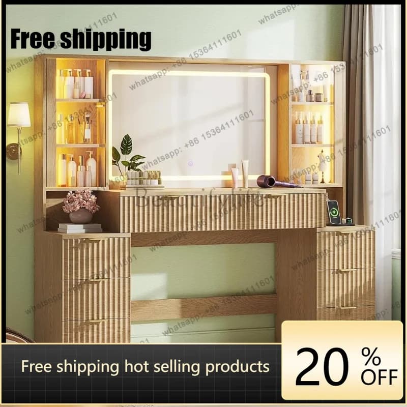 Factory Direct.Large Fluted Wood Vanity Desk with Mirror LED Lights 8 Drawers Charging Station Bedroom 59.1in Oak Customized