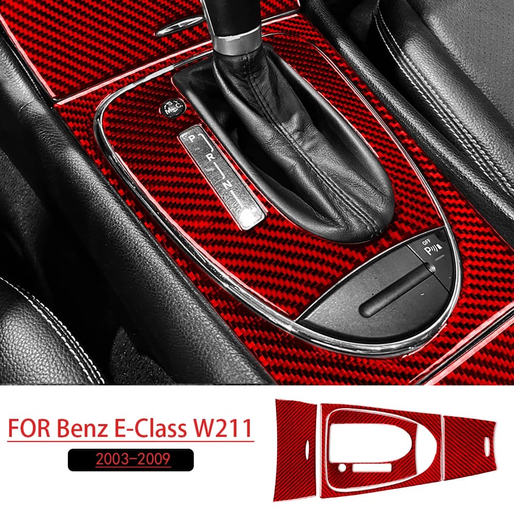 For Benz E-Class W211 2003-2009 Center Console Shift Knob Trim Kit Red Real Soft Carbon Fiber Car Interior Accessories Stickers