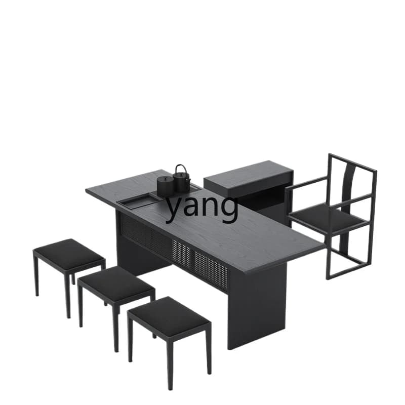 LMMsolid wood long table black modern household tea table with kettle integrated tea table and chair combination