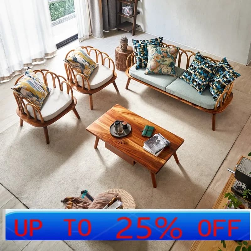 LMM rattan solid wood three-person sofa black walnut new Chinese style old living room furniture
