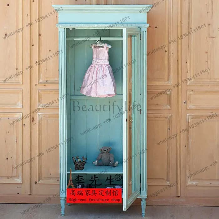 French country oak single door wardrobe old solid wood washed blue wardrobe