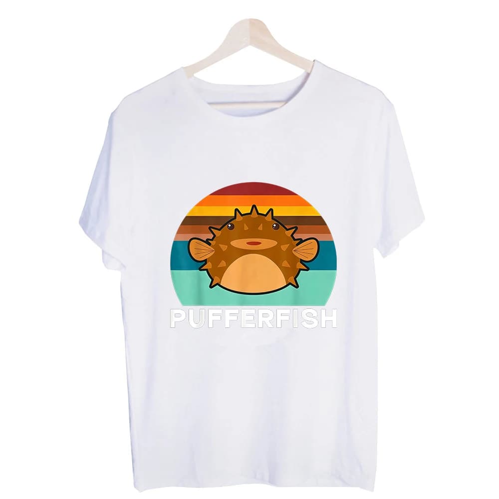 Men's Pufferfish Graphic Tee, Retro Style Short Sleeve Crew Neck T-Shirt for Casual Summer Outfits