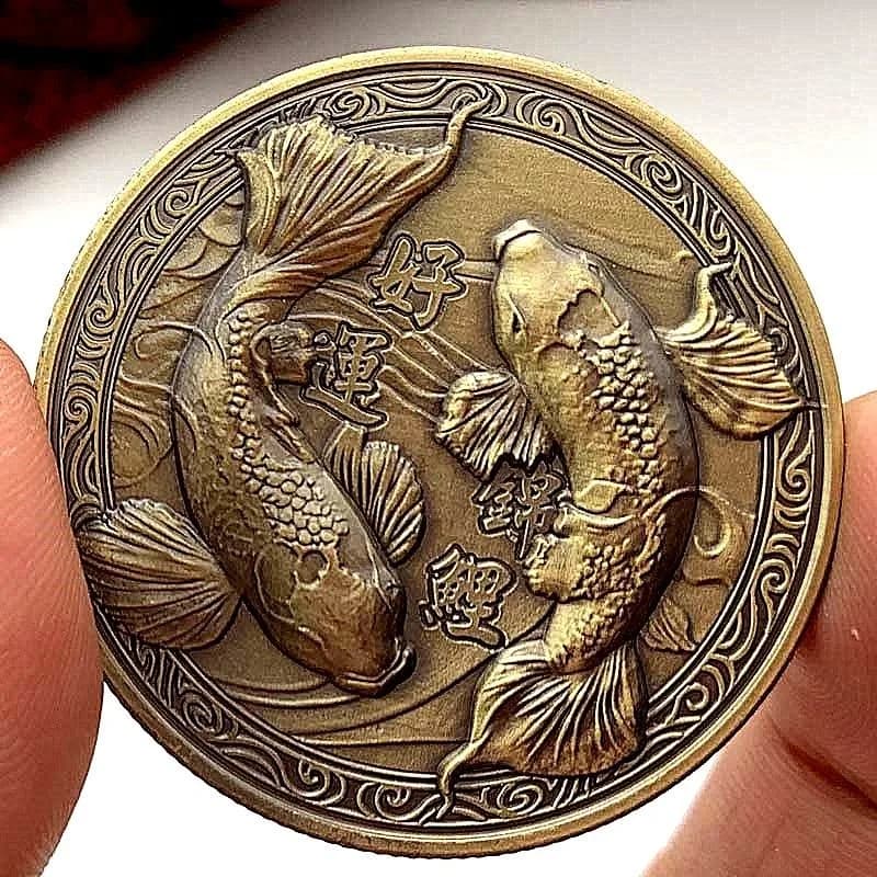Koi Fish Bronze Alloy Coin Statue Deep Relief Lucky Carp Commemorative Collectible