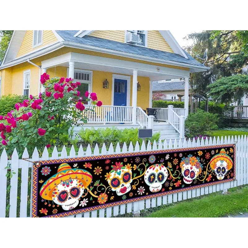1pc Day of The Dead Fence Banner Dia De Los Muertos Sugar Skull Mexican Holiday Photo Booth Backdrop Outdoor Decoration