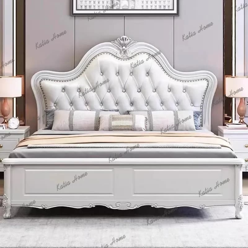 Wooden European Double Bed Frame White Wooden Luxury Mattress Queen Double Bed Full Size Storage Camas