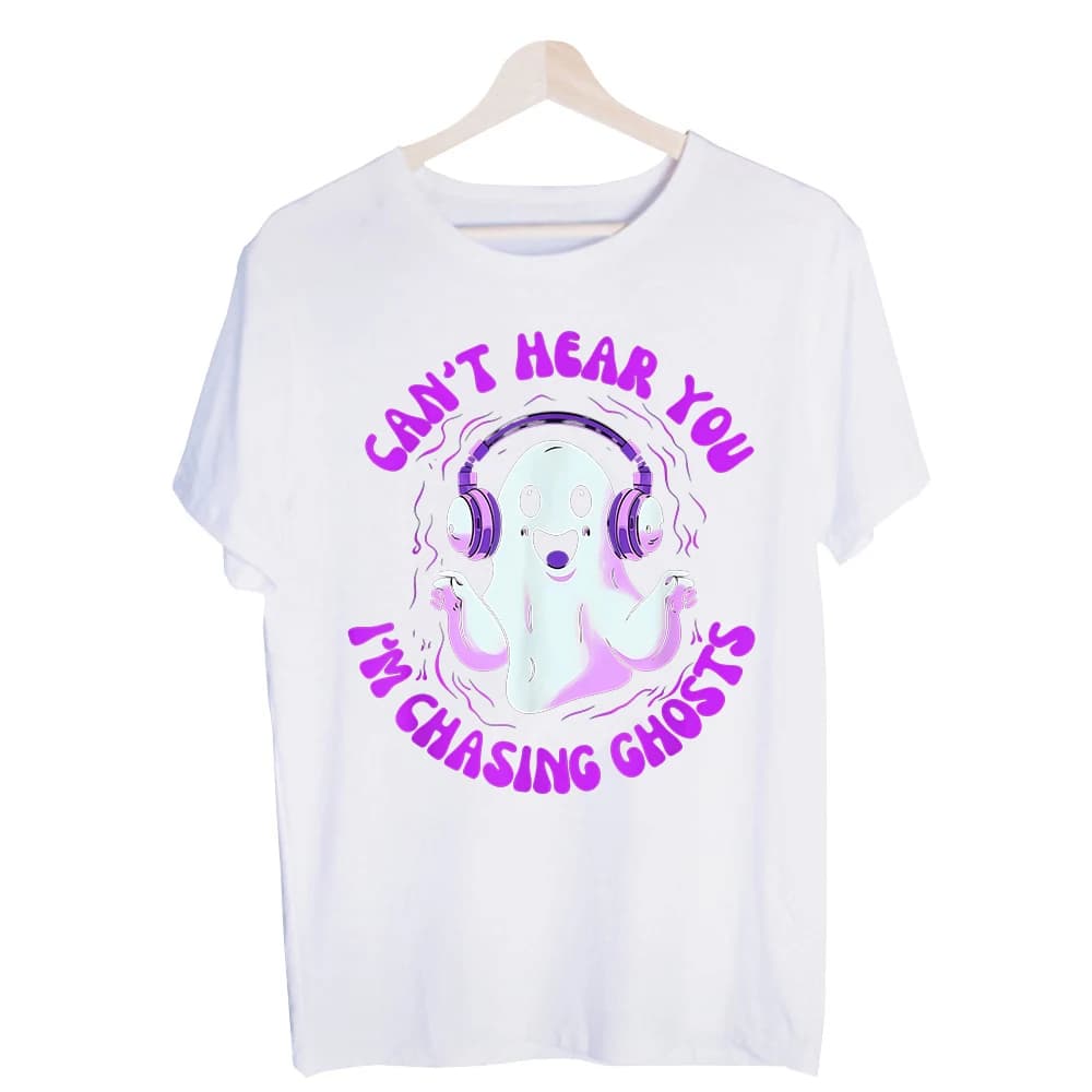 Men's Ghost with Headphones Graphic Tee, Short Sleeve Crew Neck T-Shirt for Casual Halloween and Daily Wear