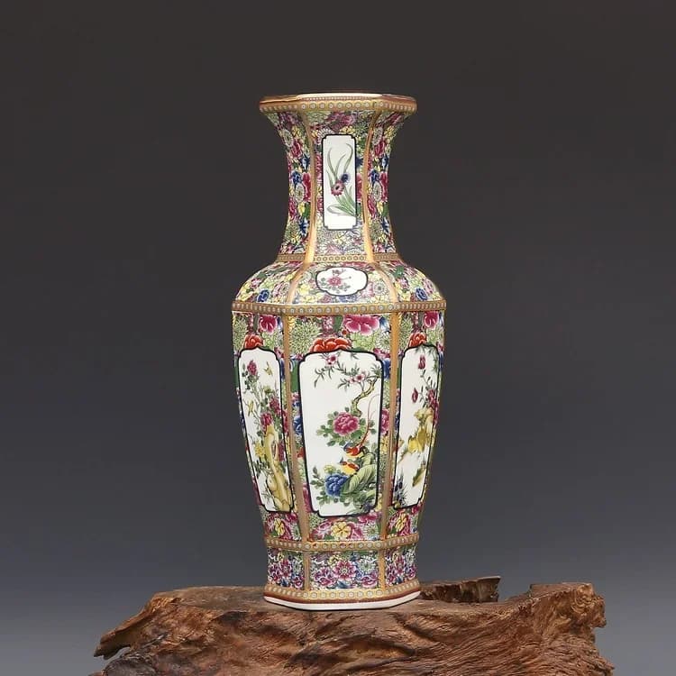 Antique Enamel Vase Porcelain Hexagonal Vase Collection of Ancient Porcelain Made in Qianlong Dynasty