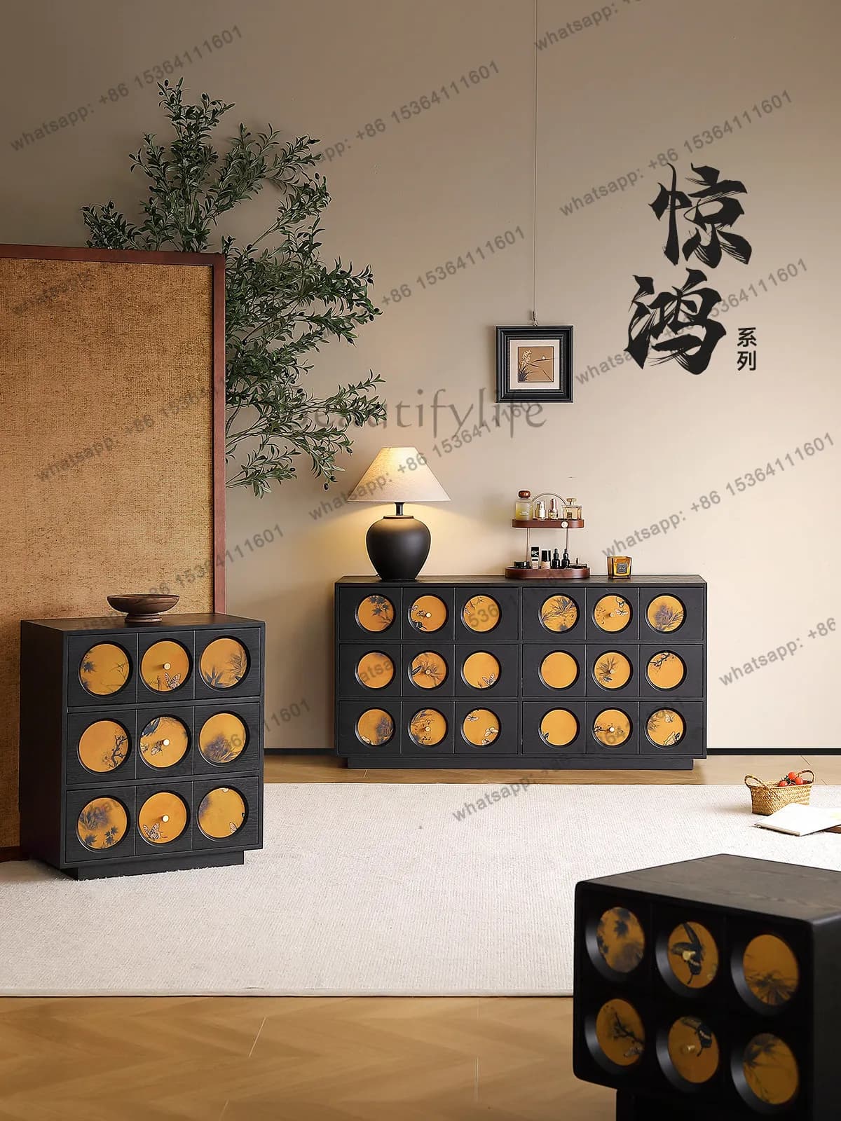 HOT fragrant cloud yarn bucket cabinet French retro living room against the wall solid wood black American storage side cabinet