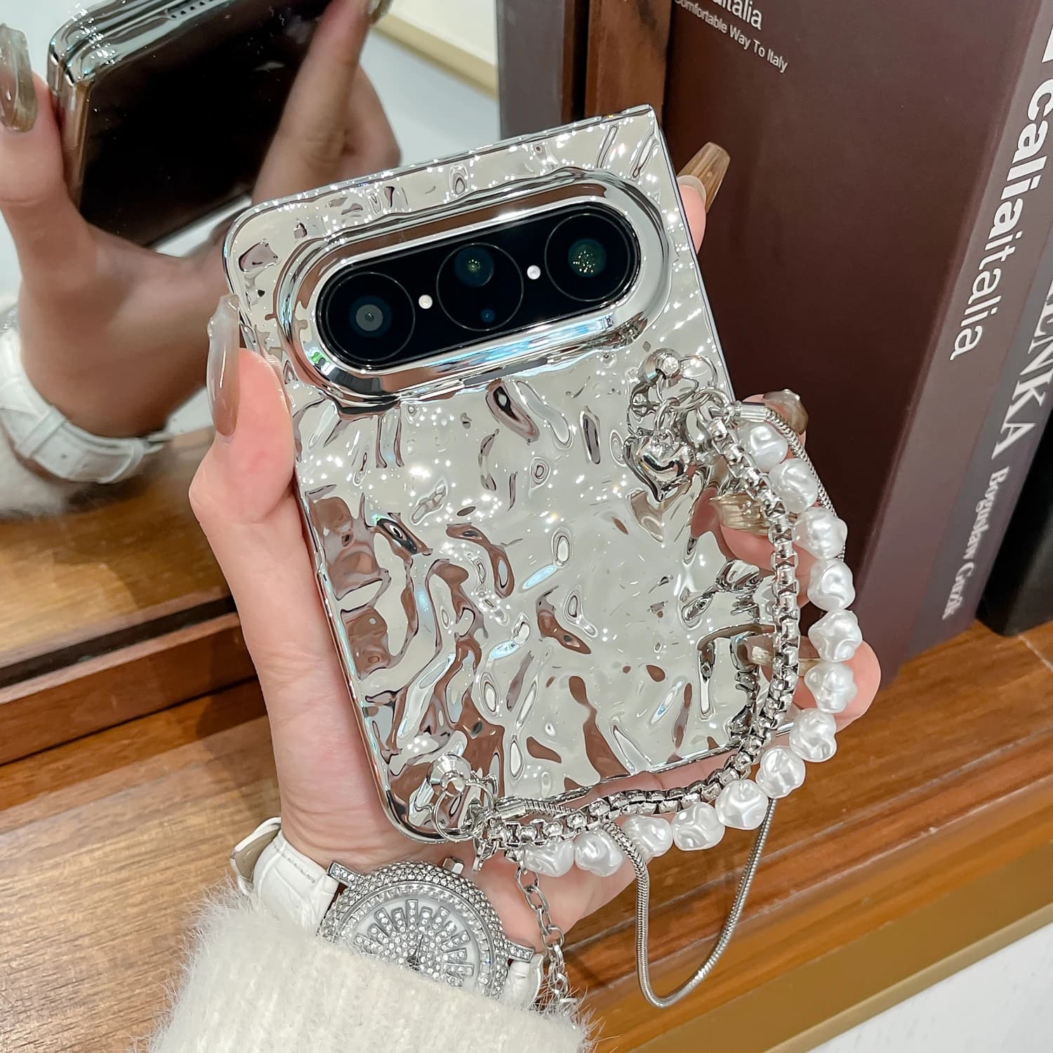 Plated Gold Waves Design For Huawei Pura X Max Case Protective Protector Mobile Phone Back Cover with Chain Bracelet