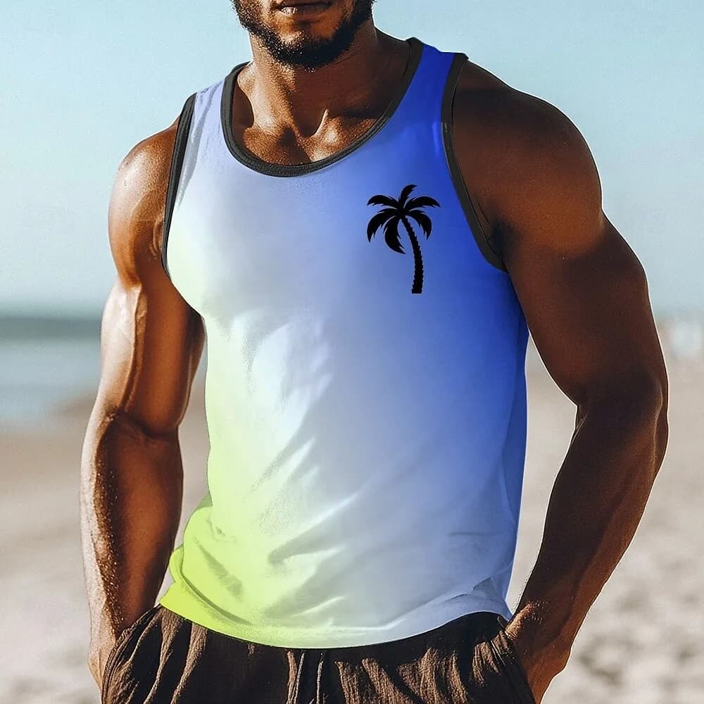 Mens Sleeveless Round Neck T-shirt TankTop Summer Gradient Morandi Style Minimalist Black Palm TreeTropical Beach Degree Pretend