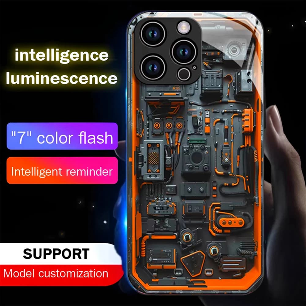 Orange Chip Circuit Luminous Glass LED Call Light Up Flash Phone Case Cover For iPhone Air 18 17 16 E 15 14 13 12 11 Pro Max