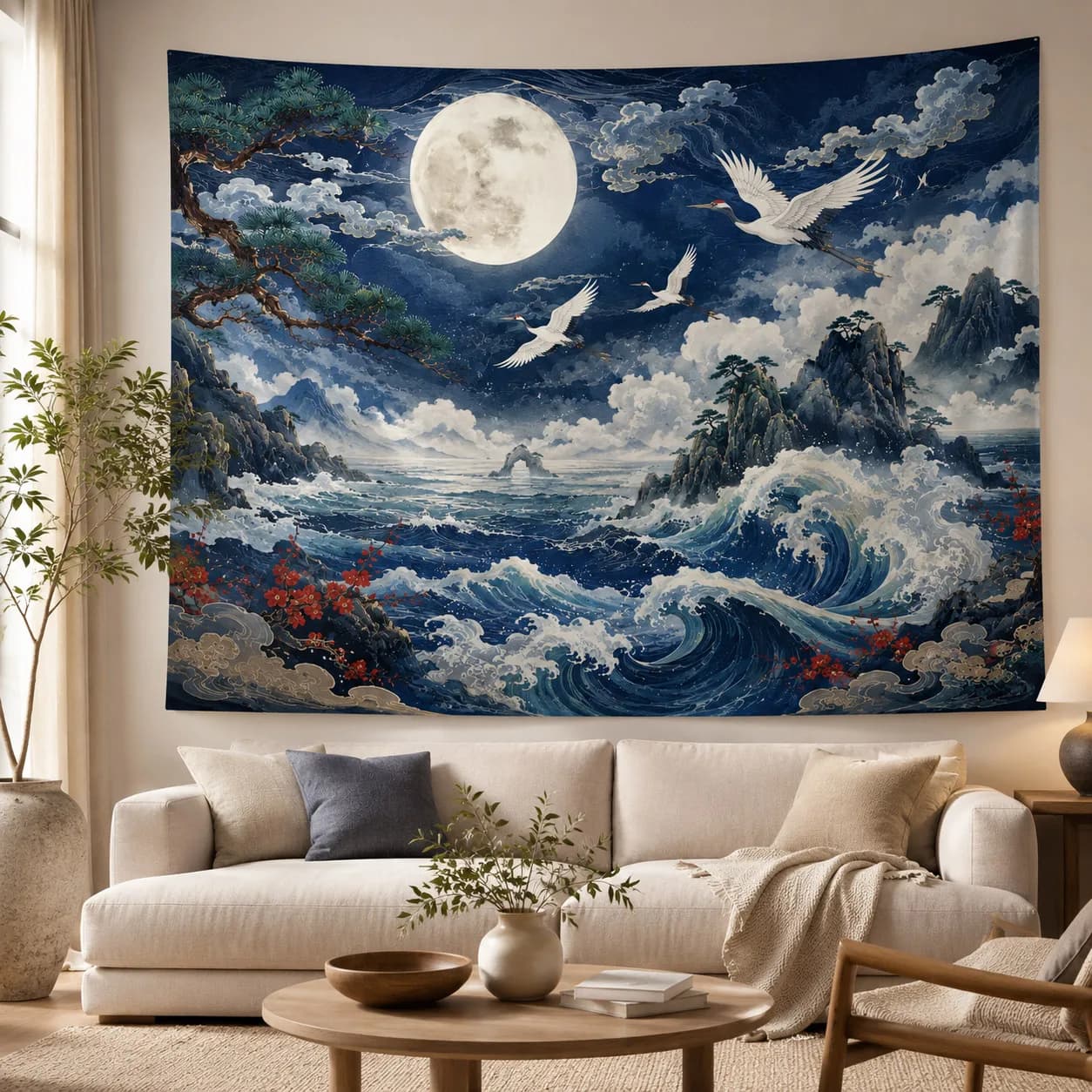 Giant Moon Wall Tapestry Flying Cranes Starry Night Sky Clouds Hanging Blanket Aesthetic Room Decor Backdrop Fabric Tapestries