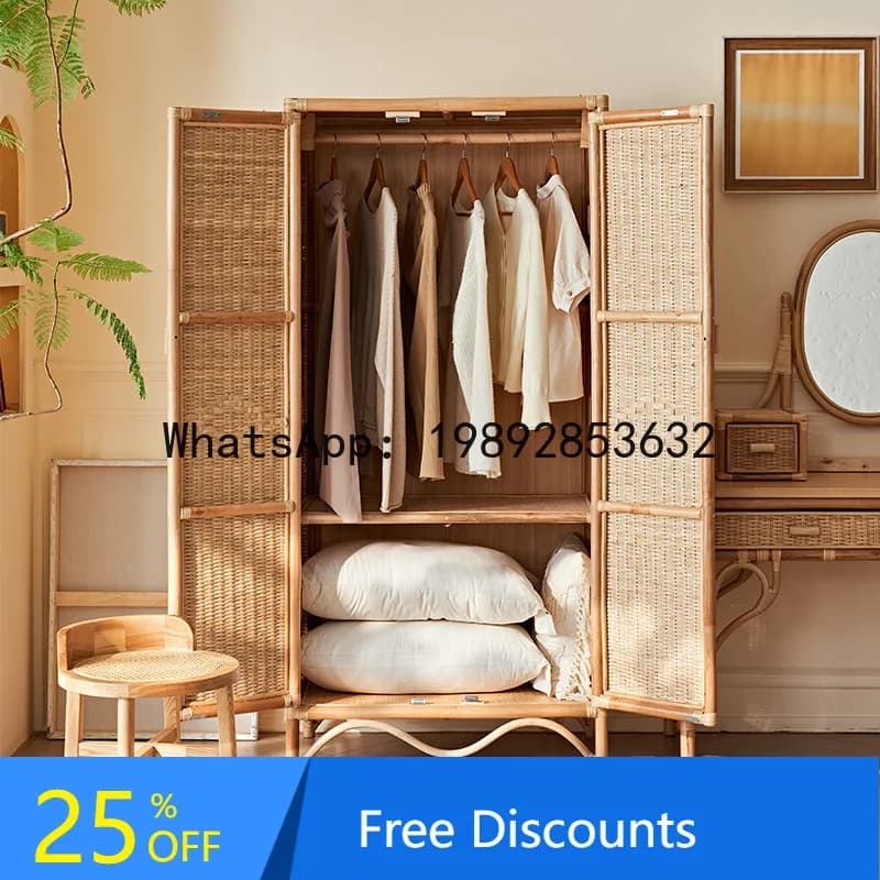 YFY Double Door Rattan Wardrobe Bedroom Home Large Capacity Storage Cabinet Japanese Style Homestay Hotel Breathable Wardrobe