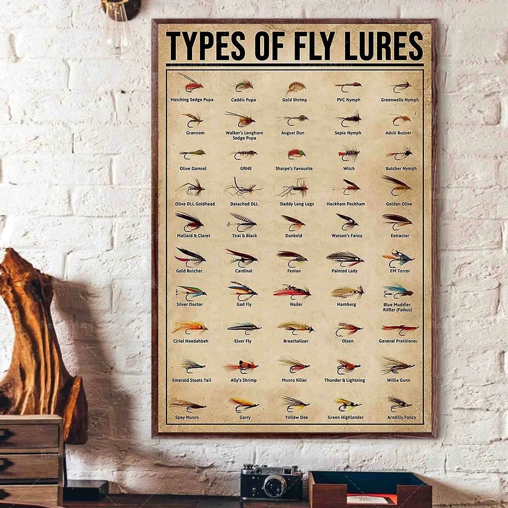 Fly bait poster types, vintage fly fishing typographic art poster lake life, fishing gifts, fishing lures, housewarming gifts