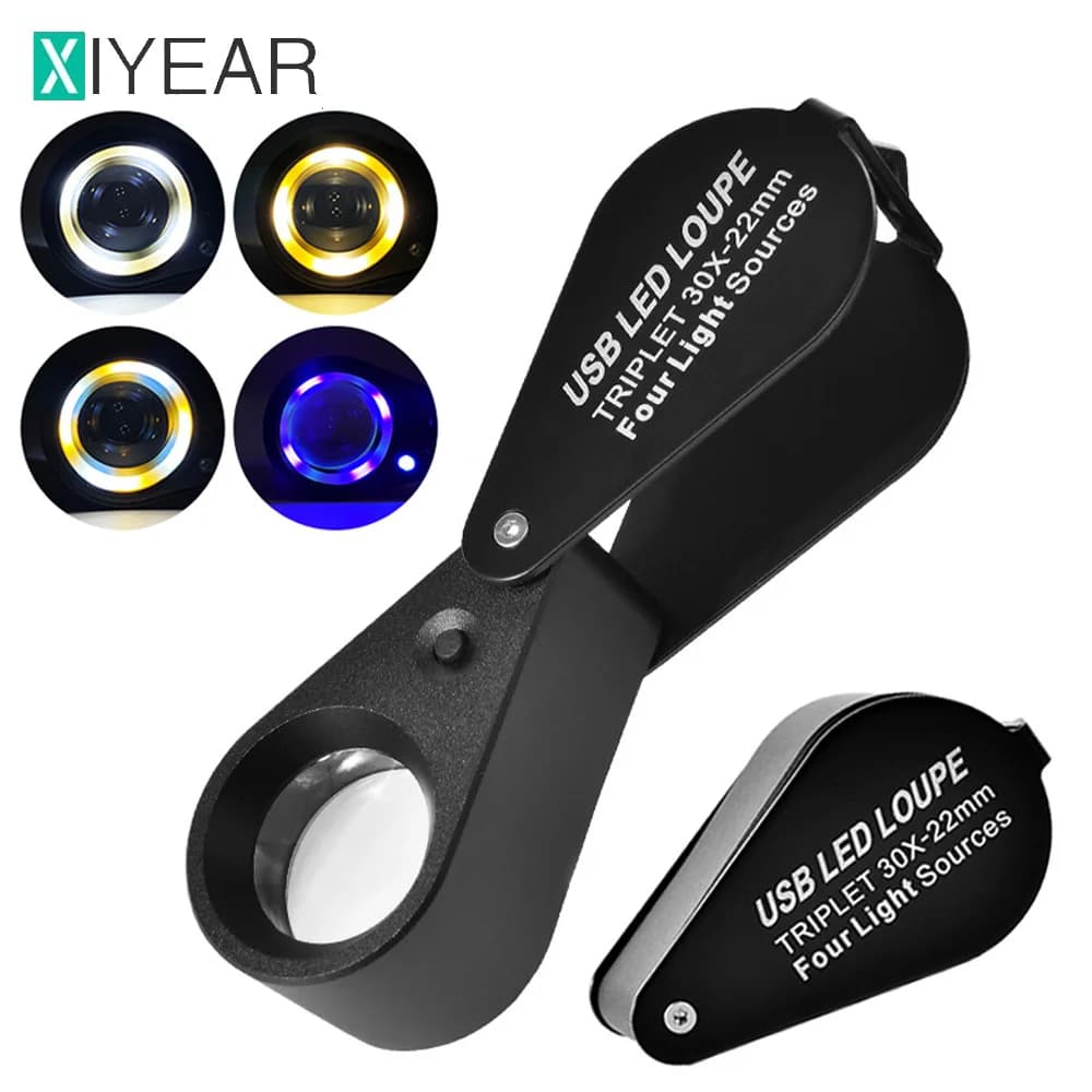 30X Handheld Rechargeable Four-colour Light Source 13LED Magnifier Diamond Jeweler Loupe Necklace GEM UV Lamp Mini Pocket Lupa